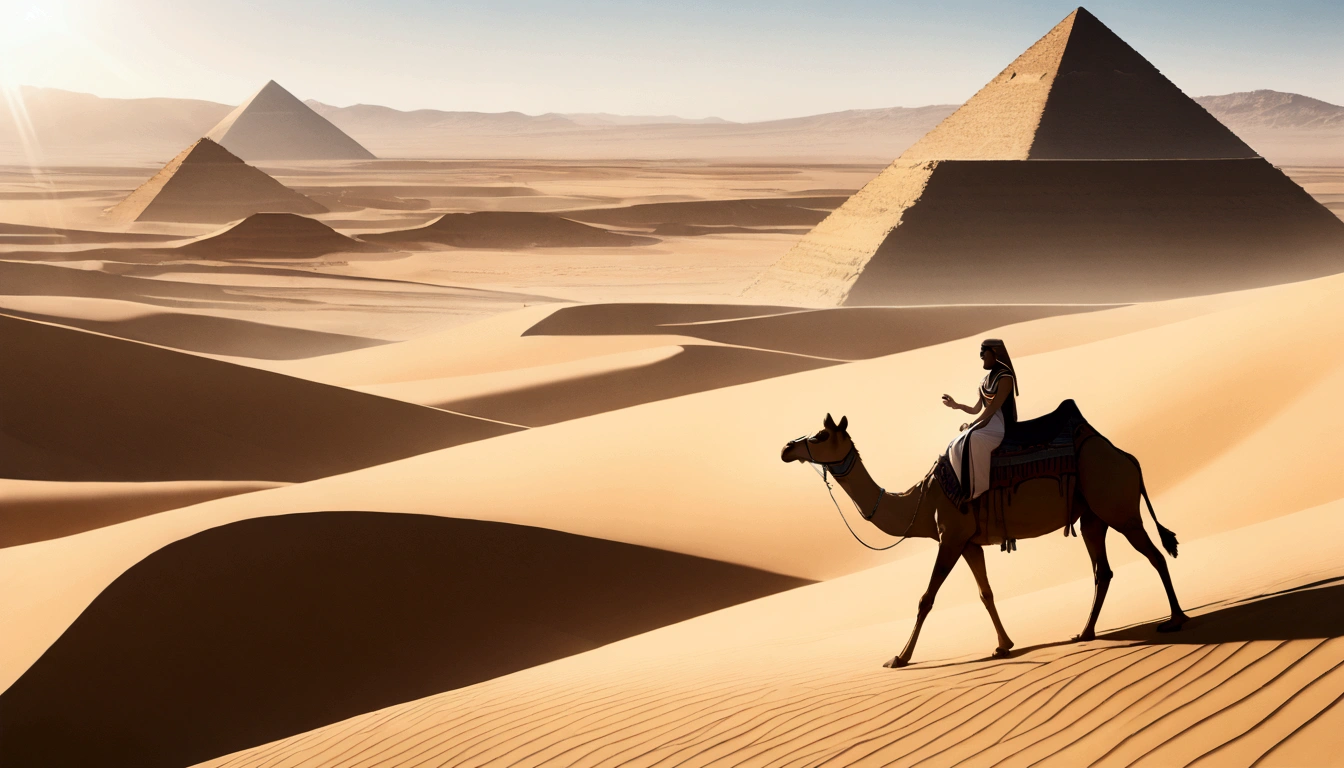 score 9, sorce photo, from side, wide shot, a young gay princess in egyptian style dress, looking up at the pyramids, one hand up, clear blue sky, Very strong sunlight, endless desert, camel caravan, hyper detailed, cinematic lighting, 8k, highly detailed face and eyes, intricate ornate jewelry, flowing fabric, masterpiece, 