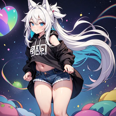 a cute adult male with wolf ears, long white hair, long locks, has a wolf tail, wearing a loose cropped black hoodie, wearing a ...