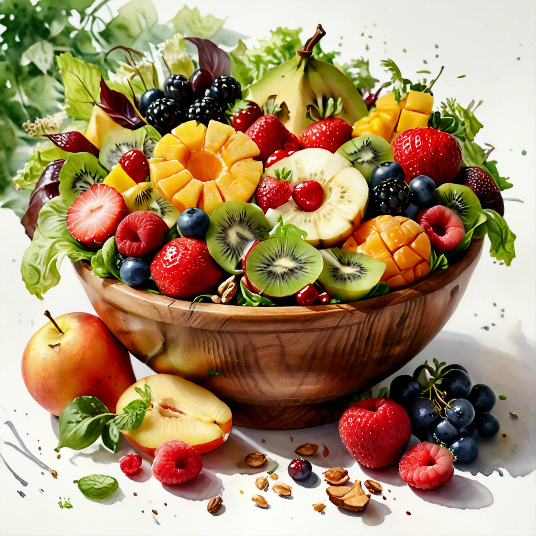 There is bowl of salad made of different fruit , fresh and creamy, served in fancy wooden bowl, illustration, baking ingredients, isolated with solid white background, surrounded with negative space, centered composition, highest detailed painting, very precise line, Isolated, clear solid white background, perspective angle of view, ((watercolor:1)), (lora:add-detail-xl:1), (masterpiece), (best quality), no bread on the floor, washed out color