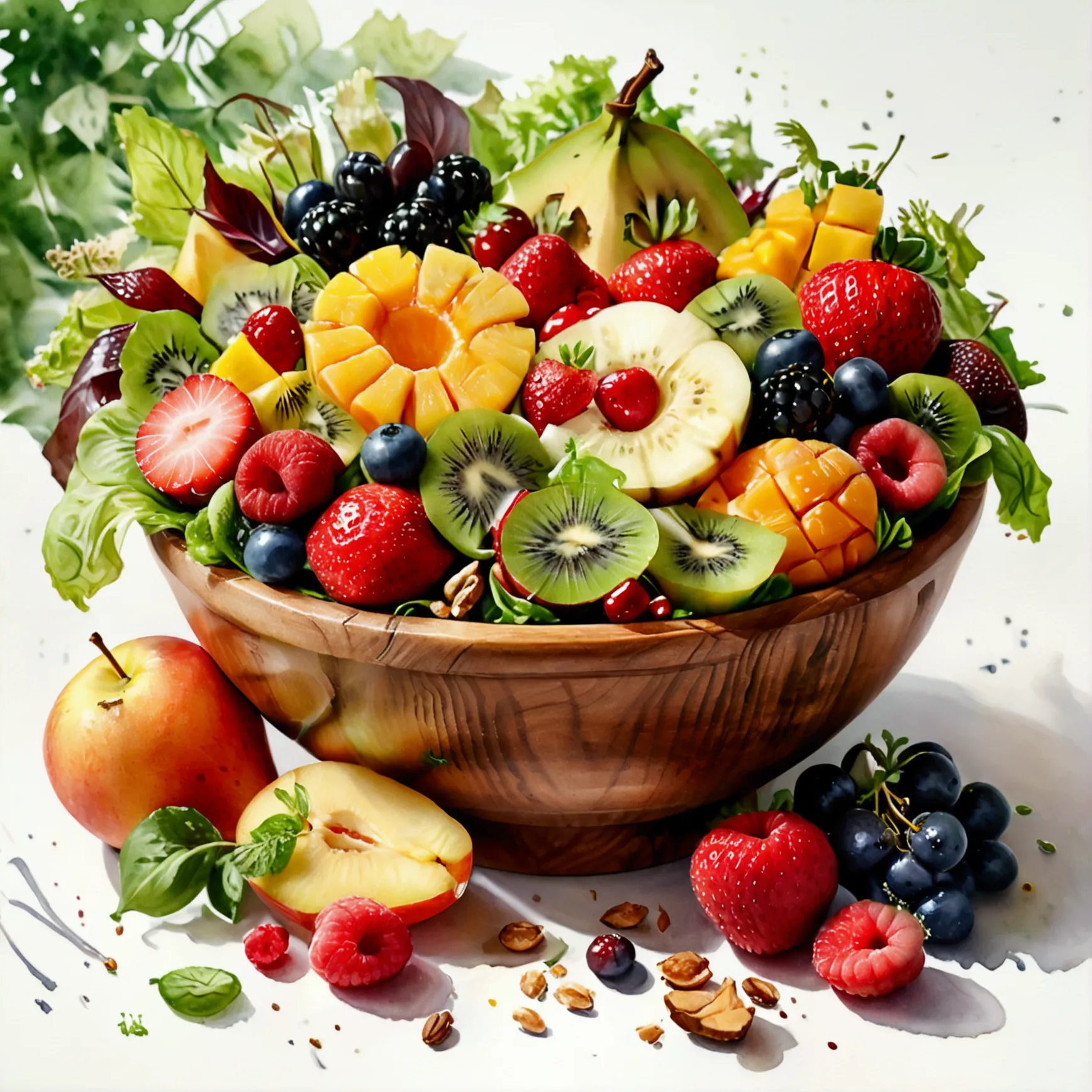 There is bowl of salad made of different fruit , fresh and creamy, served in fancy wooden bowl, illustration, baking ingredients...