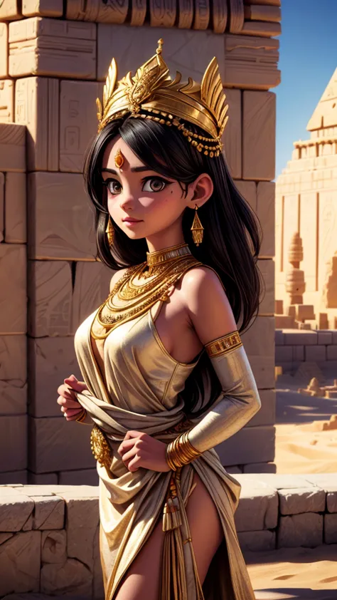 a beautiful desert princess, watching the construction of pyramids, intricate golden jewelry and ornate headdress, long flowing ...