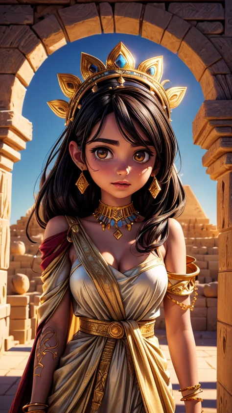 a beautiful desert princess, watching the construction of pyramids, intricate golden jewelry and ornate headdress, long flowing ...