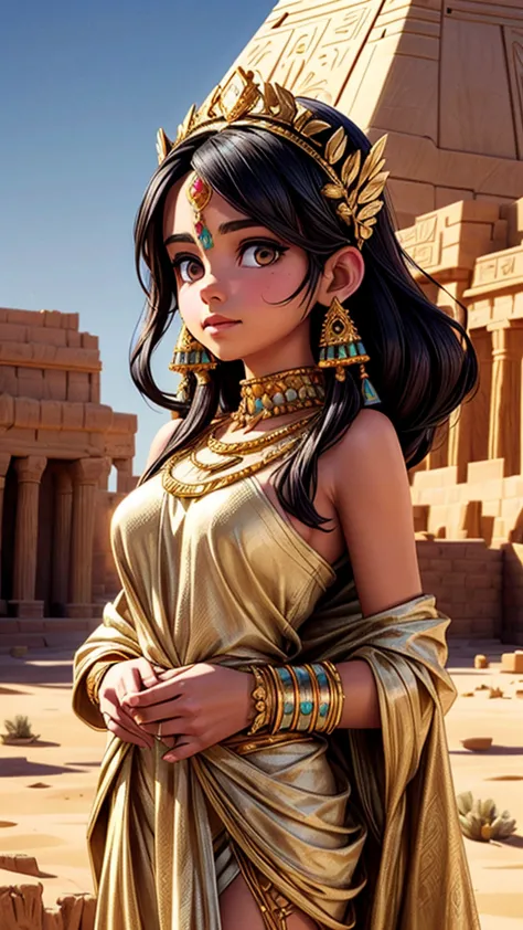 a beautiful desert princess, watching the construction of pyramids, intricate golden jewelry and ornate headdress, long flowing ...