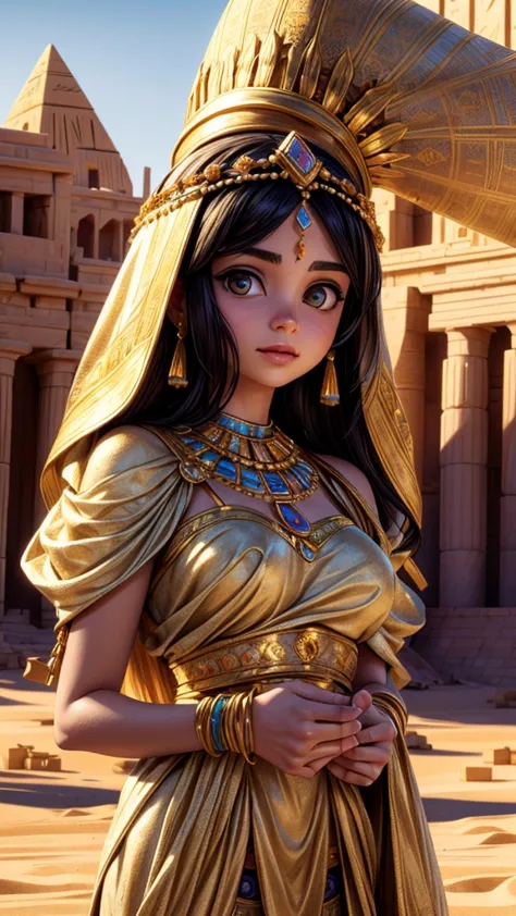 a beautiful desert princess, watching the construction of pyramids, intricate golden jewelry and ornate headdress, long flowing ...