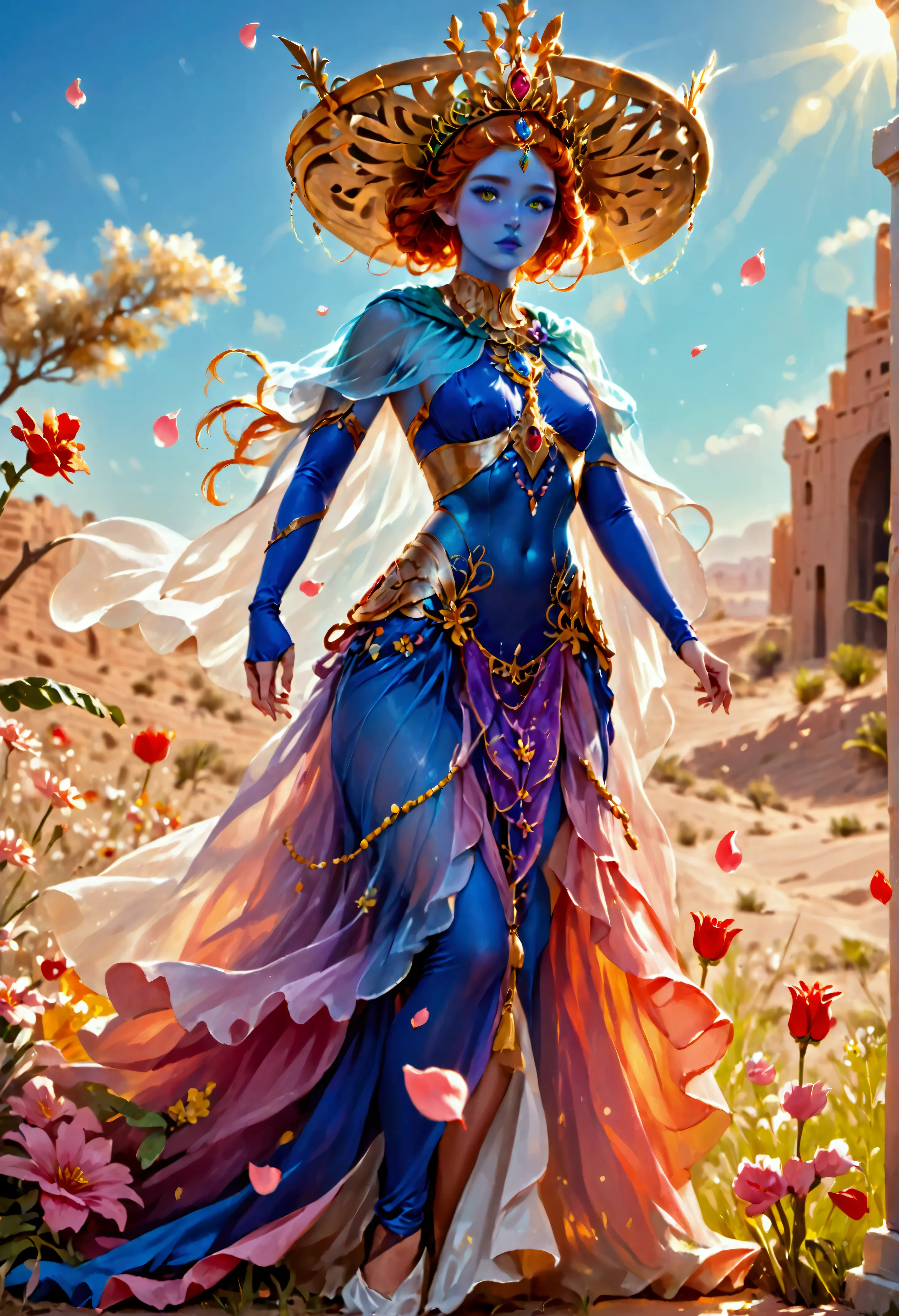 A huge blue-green humanoid female with a broad mouth, wearing a royal tiara and a sheer colorful cloak, riding on a hover barge in a desert setting, with slaves tossing flower petals around her, hyper detailed, ultra-realistic, 8K, photorealistic, intricat...