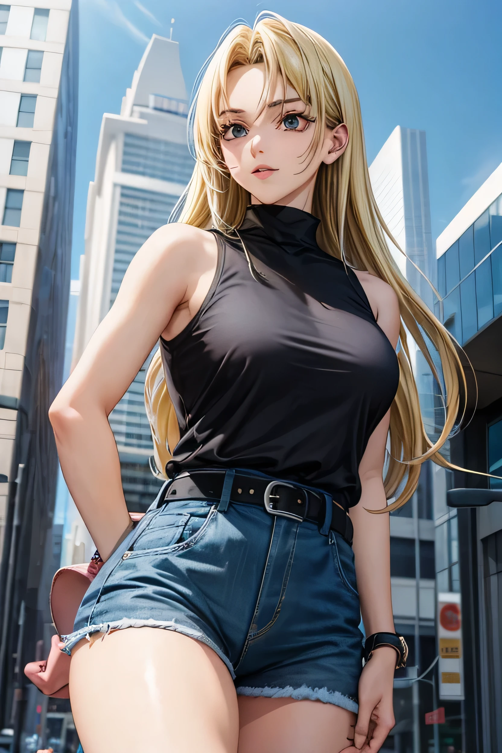  (JK_yuki_Tsukumo)、Blonde、Long Hair、solo、chest、1 girl、Brown eyes、Parted bangs、Straight Hair、make、Pink Lips、eyelash、Black sleeveless turtleneck vest、Blue Jeans、Black belt、Different actions、