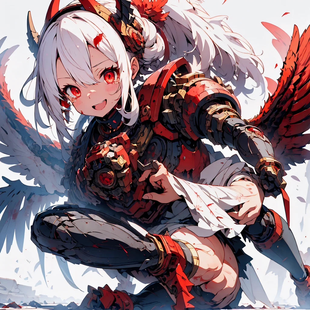 (master piece、highest quality）、（Perfect athlete body：1.2）、（detailed hair）、Super detailed、anime style、whole body、solo、devil girl、blood red power armor、sisters of war、warhammer 40k、white hair, golden eyes, and tears of blood、huge wings、chant blood magic、high heel boots、digital paint、8K high resolution、trend art station、white background、whole body、A triumphant smile
