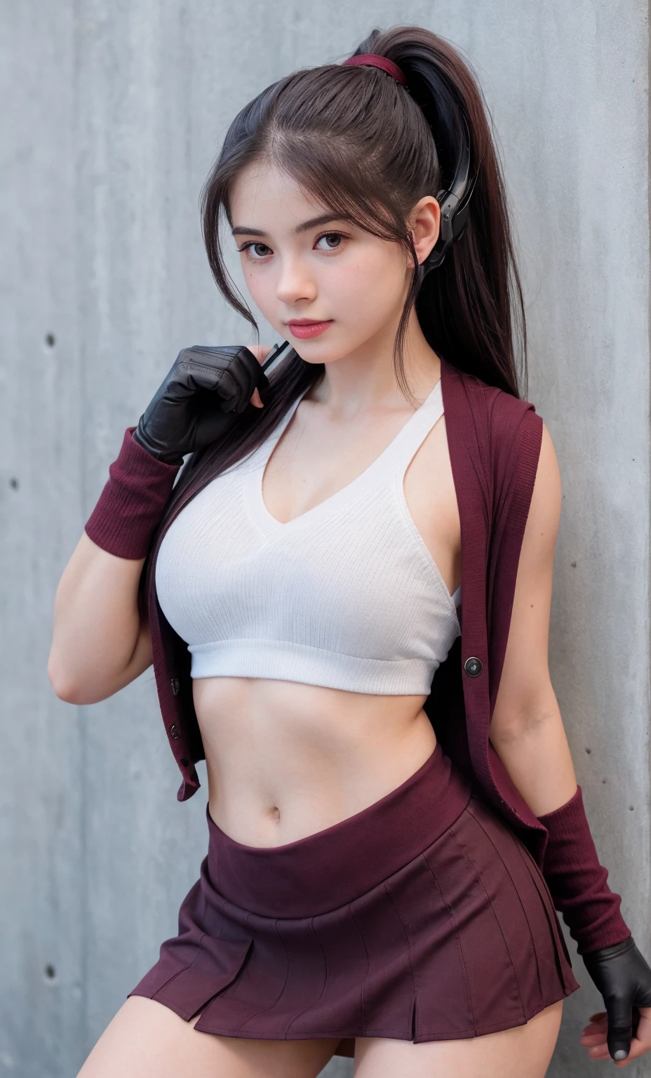 ((best quality)), photorealistic, Photorealism, Photorealistic, high resolution, 1girl aiming with an assault rifle, Beautiful, Baby Face, 20 Years Old, White Skin, pale skin, Large Breasts, huge breast, Combat pose, looking at the camera, (Detailed face), ponytail hair, sexy body, (wearing maroon cardigan and skirt, tactical vests, military harness, black gloves, high-tech headset), cloths color based on maroon), revealed thigh, gun, Fingers are occluded, concrete cafe background，Low-cut,