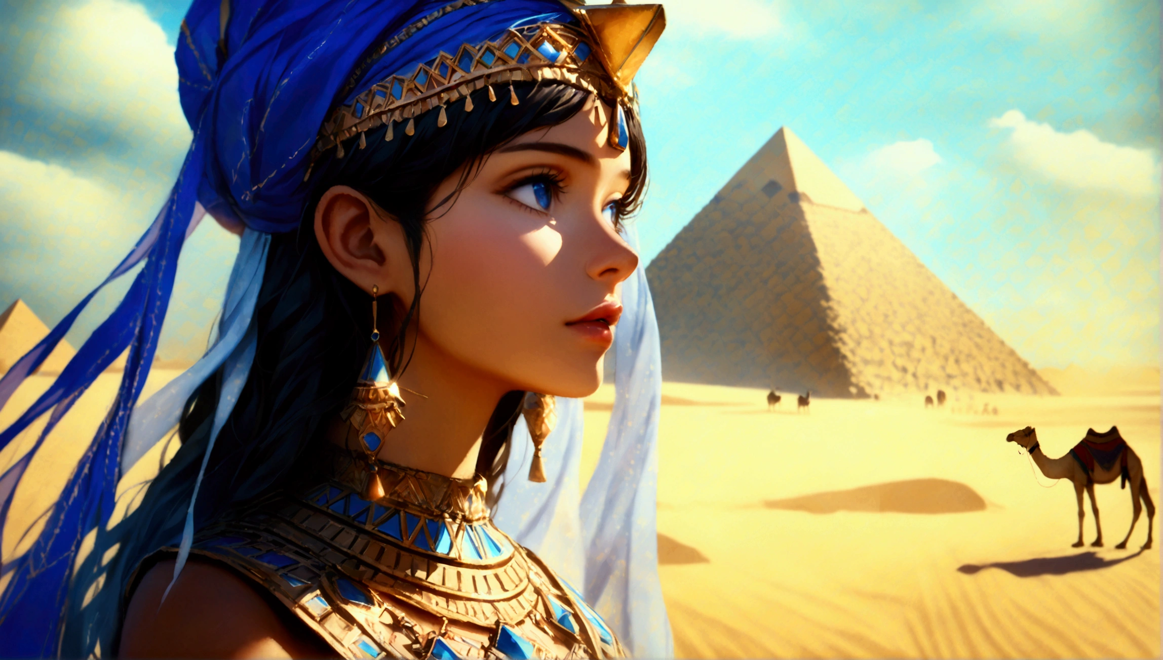 score 9, sorce photo, from side, wide shot, a young gay princess in egyptian style gorgeous dress, looking up at the pyramids, one hand up, clear blue sky, Very strong sunlight, endless desert, camel caravan, hyper detailed, cinematic lighting, 8k, highly detailed face and eyes, intricate ornate jewelry, flowing fabric, masterpiece, 