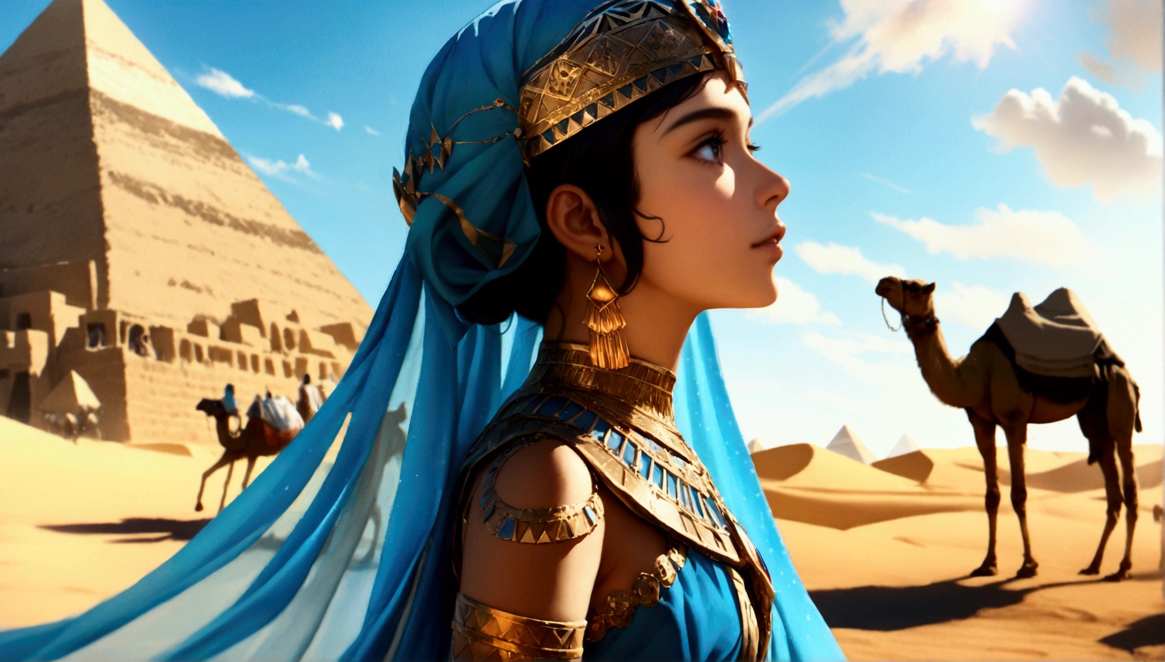 score 9, sorce photo, from side, wide shot, a young gay princess in egyptian style gorgeous dress, looking up at the pyramids, one hand up, clear blue sky, Very strong sunlight, endless desert, camel caravan, hyper detailed, cinematic lighting, 8k, highly detailed face and eyes, intricate ornate jewelry, flowing fabric, masterpiece, 