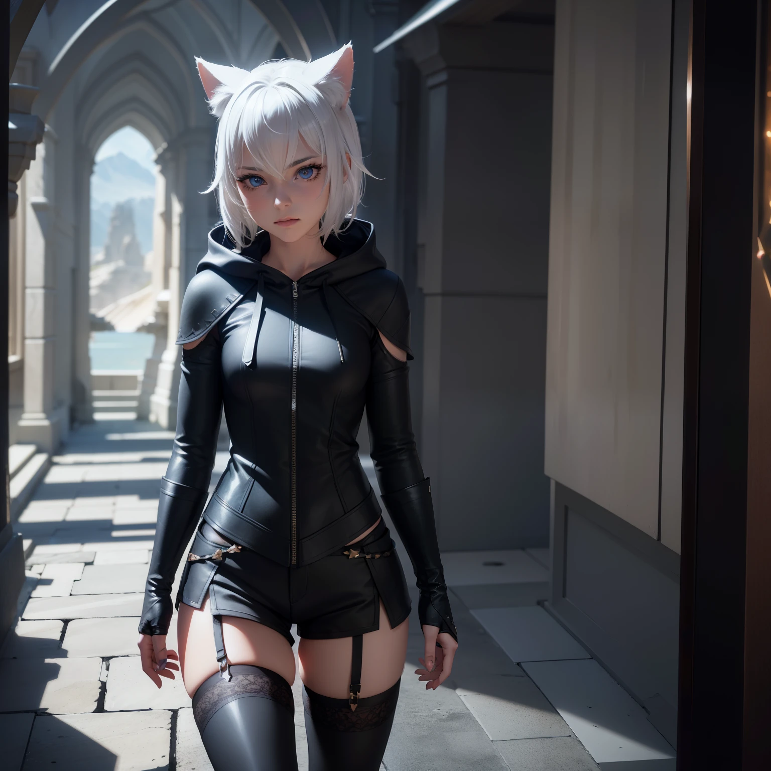 1 girl, character with cat ears, silver hair, short hair, beautiful detailed eyes, beautiful detailed lips, extremely detailed eyes and face, long eyelashes, wearing black hooded outfit, thigh-high stockings, garters, short shorts, (best quality,4k,8k,highres,masterpiece:1.2),ultra-detailed,(realistic,photorealistic,photo-realistic:1.37),concept art, fantasy, cinematic lighting, dramatic shadows You decided to wear a hoodie and covered your body, hiding yourself Rey 