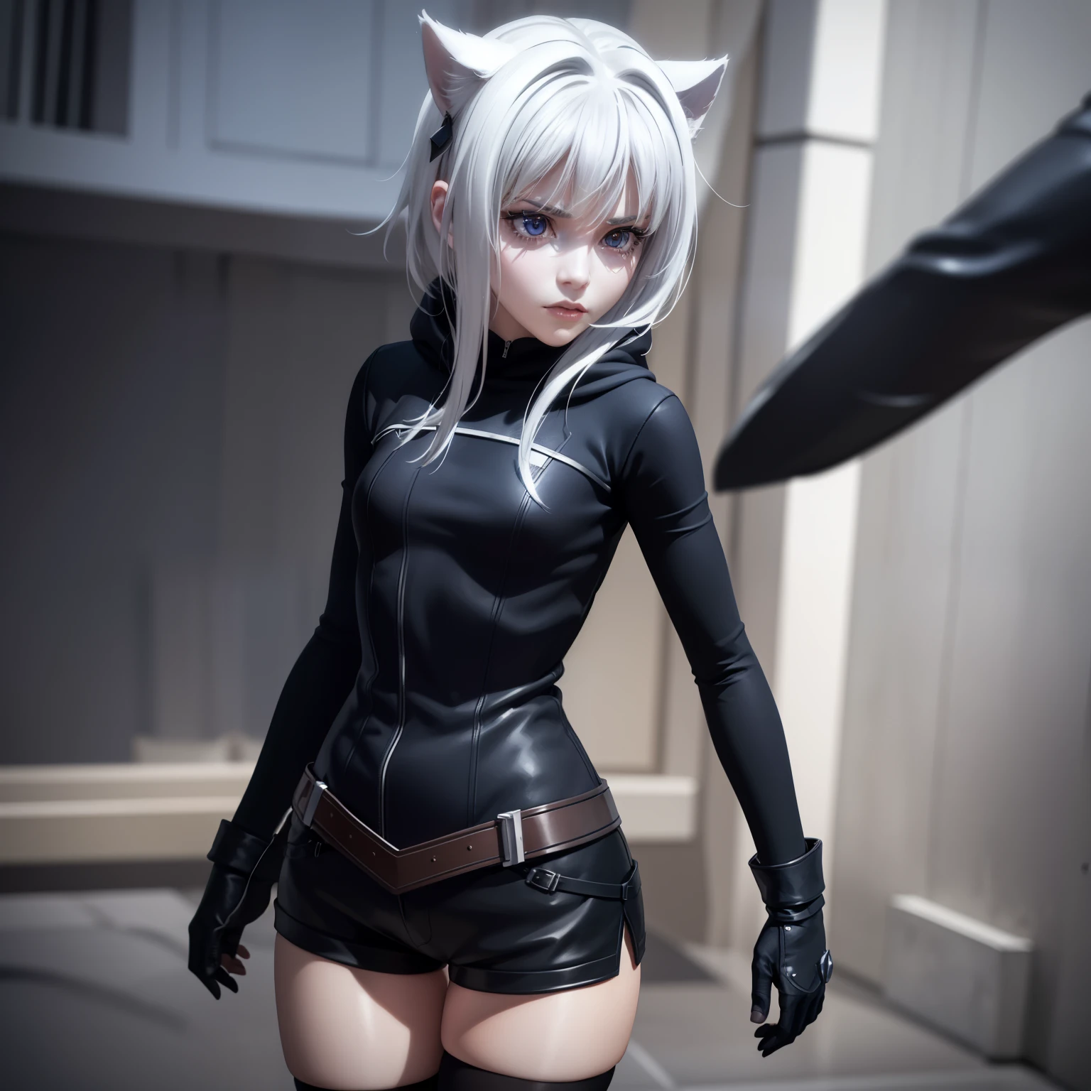 1 girl, character with cat ears, silver hair, short hair, beautiful detailed eyes, beautiful detailed lips, extremely detailed eyes and face, long eyelashes, wearing black hooded outfit, thigh-high stockings, garters, short shorts, (best quality,4k,8k,highres,masterpiece:1.2),ultra-detailed,(realistic,photorealistic,photo-realistic:1.37),concept art, fantasy, cinematic lighting, dramatic shadows You decided to wear a hoodie and covered your body, hiding yourself Rey 