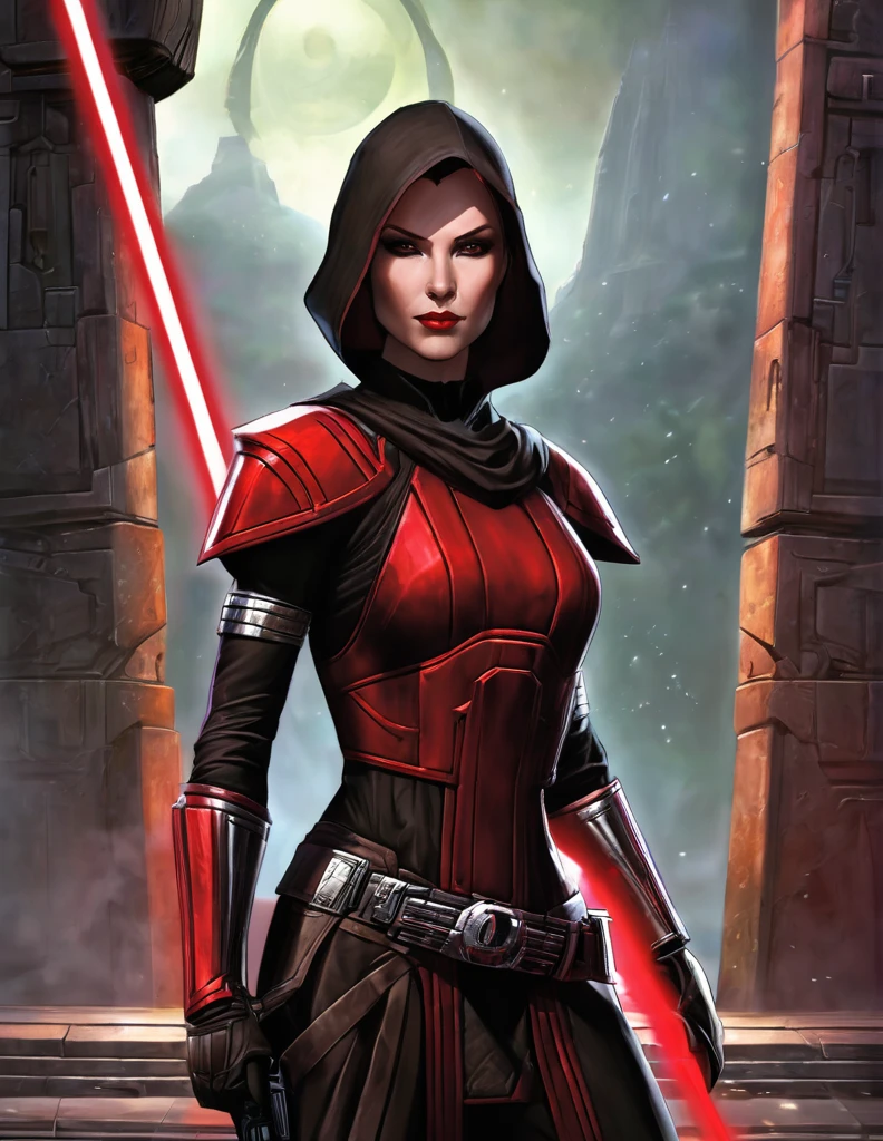 Une femme seule, Katherine whynnik en seigneur sith, inspiré de star Wars old republic, en armure moulante noir, marche dans des ruines d'un temple sith de koriban sombre, sabre laser rouge en main, a un regard fort, un visage sadique et ensorcelante, démarche gracieuse, courbe parfaite pour le corps.