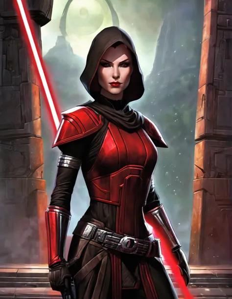 une femme seule, katherine whynnik en seigneur sith, inspiré de star wars old republic, en armure moulante noir, marche dans des...