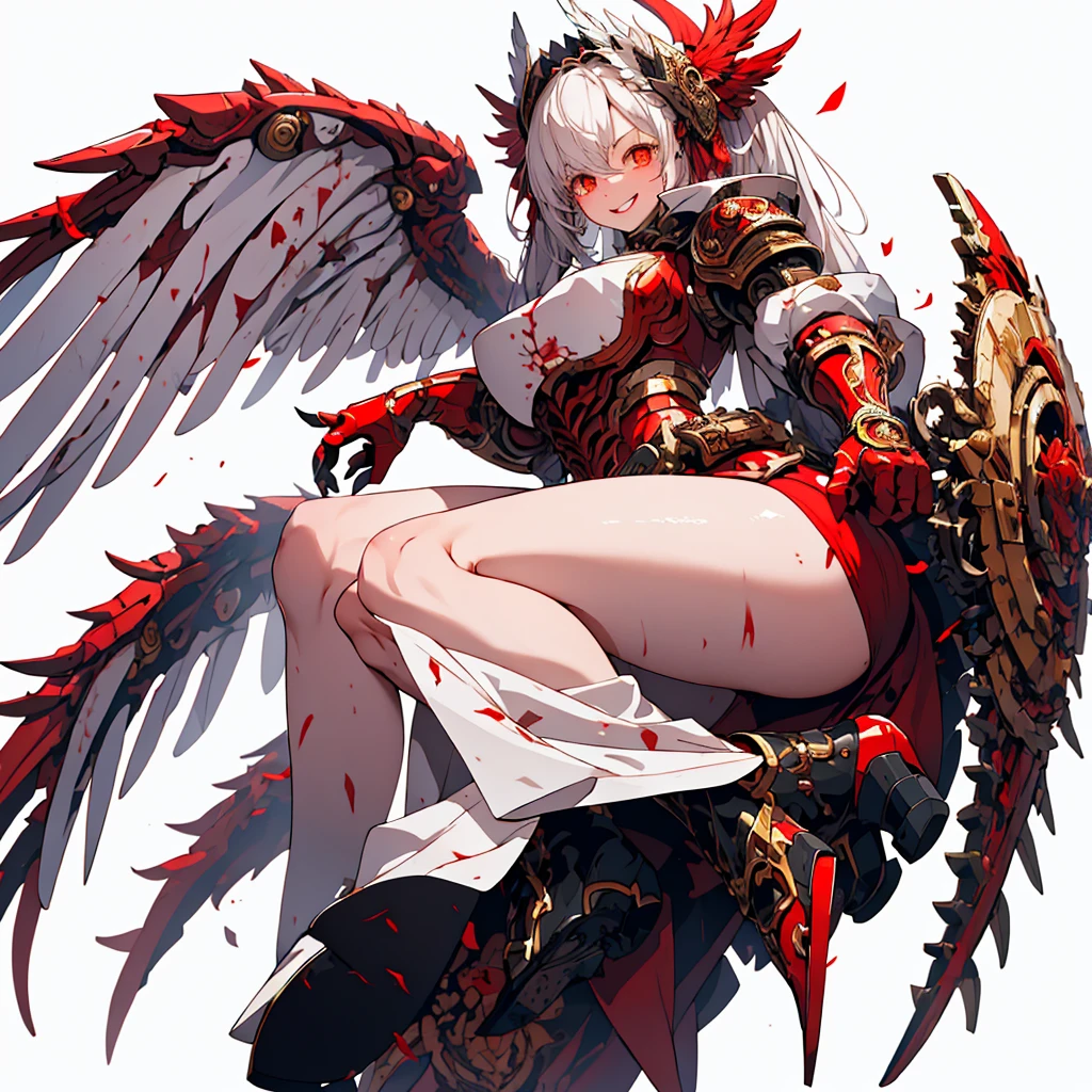 (master piece、highest quality）、（Perfect athlete body：1.2）、（detailed hair）、Super detailed、anime style、whole body、solo、devil girl、blood red power armor、sisters of war、warhammer 40k、white hair, golden eyes, and tears of blood、huge wings、chant blood magic、high heel boots、digital paint、8K high resolution、trend art station、white background、whole body、A triumphant smile
