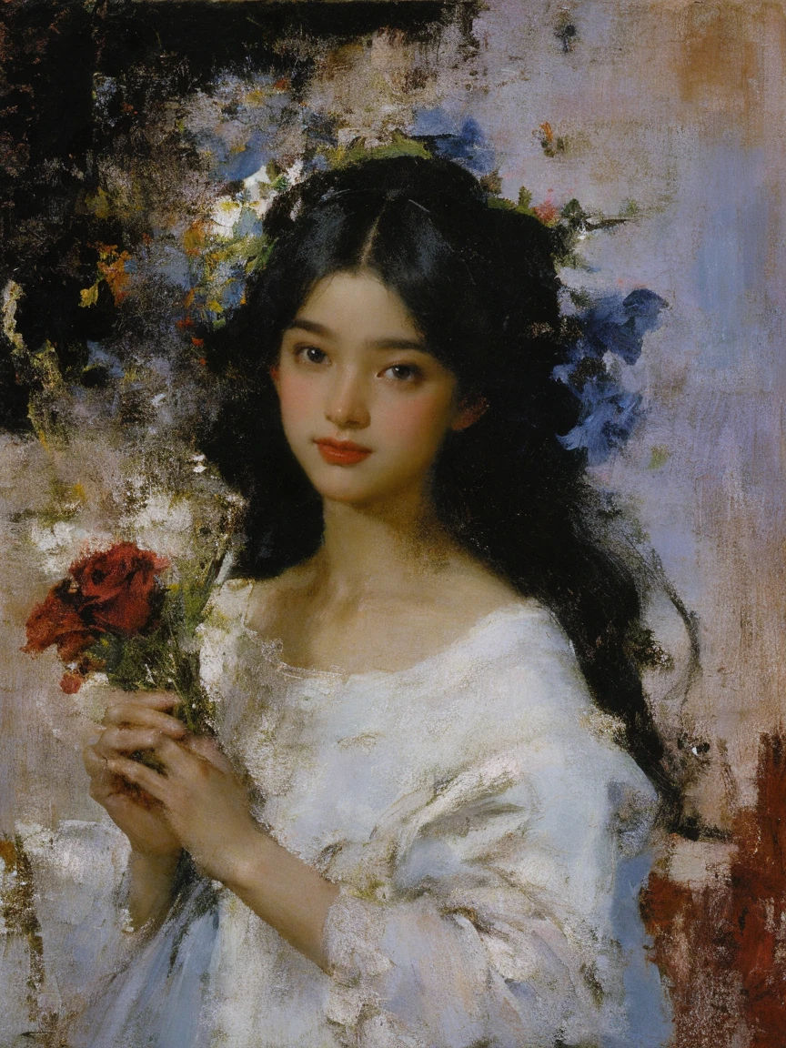 portrait,1fille,,seulement,Robe blanche,tenant un bouquet,cheveux très longs,fleur bleue,cheveux noirs,rose rouge,Fond dégradé, fond sombre, teinture,peinture à l&#39;huile,pâte