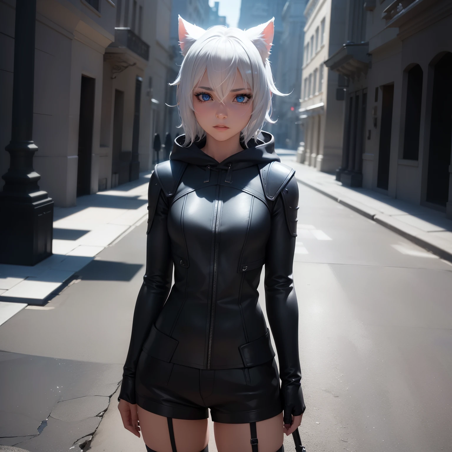 1 girl, character with cat ears, silver hair, short hair, beautiful detailed eyes, beautiful detailed lips, extremely detailed eyes and face, long eyelashes, wearing black hooded outfit, thigh-high stockings, garters, short shorts, (best quality,4k,8k,highres,masterpiece:1.2),ultra-detailed,(realistic,photorealistic,photo-realistic:1.37),concept art, fantasy, cinematic lighting, dramatic shadows You decided to wear a hoodie and covered your body, hiding yourself Rey 