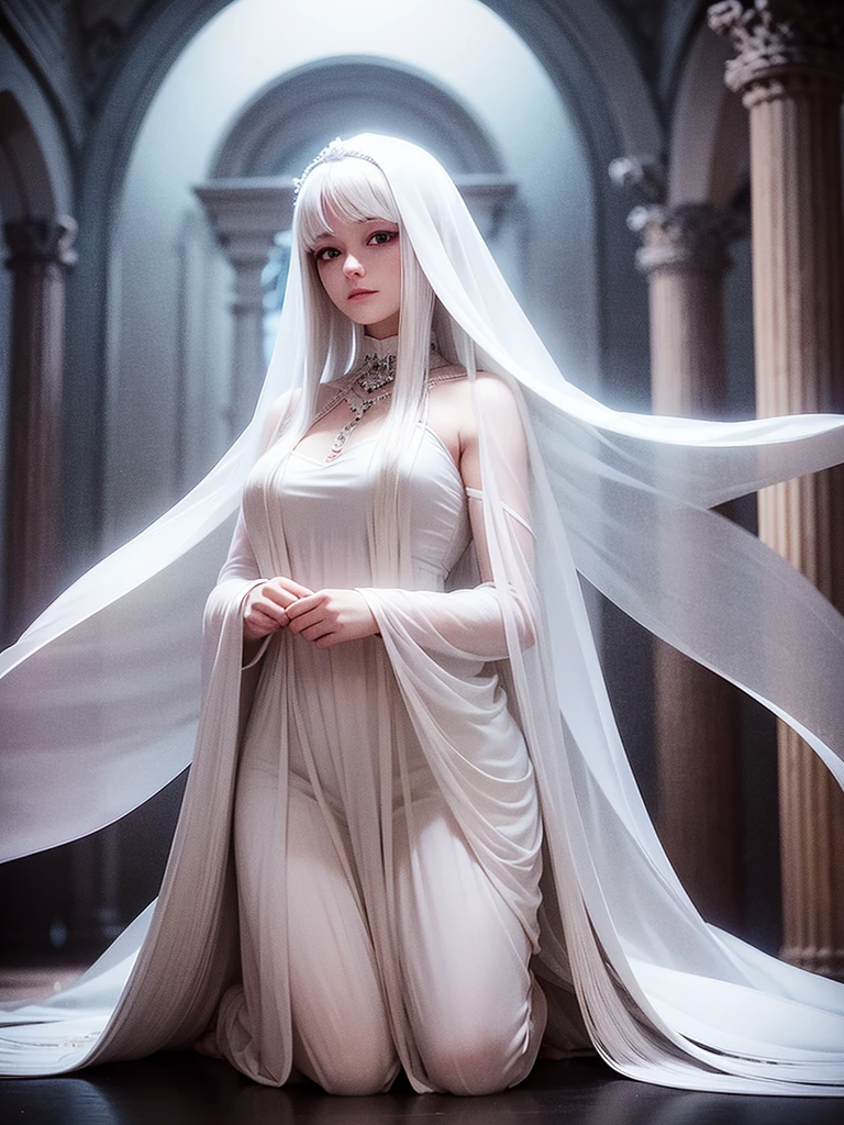 Beautiful, majestic, melancholic, woman, solo-girl, long white hair, pale white skin, red eyes, sad smile, (white dress:1.1), (white veil:1.1), kneeling, dark ancient temple in background, rays of moonlight