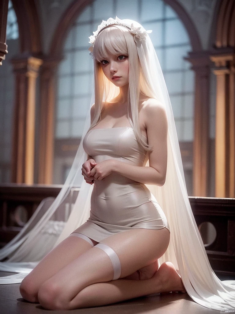 Beautiful, majestic, melancholic, woman, solo-girl, long white hair, pale white skin, red eyes, sad smile, (white dress:1.1), (white veil:1.1), kneeling, dark ancient temple in background, rays of moonlight