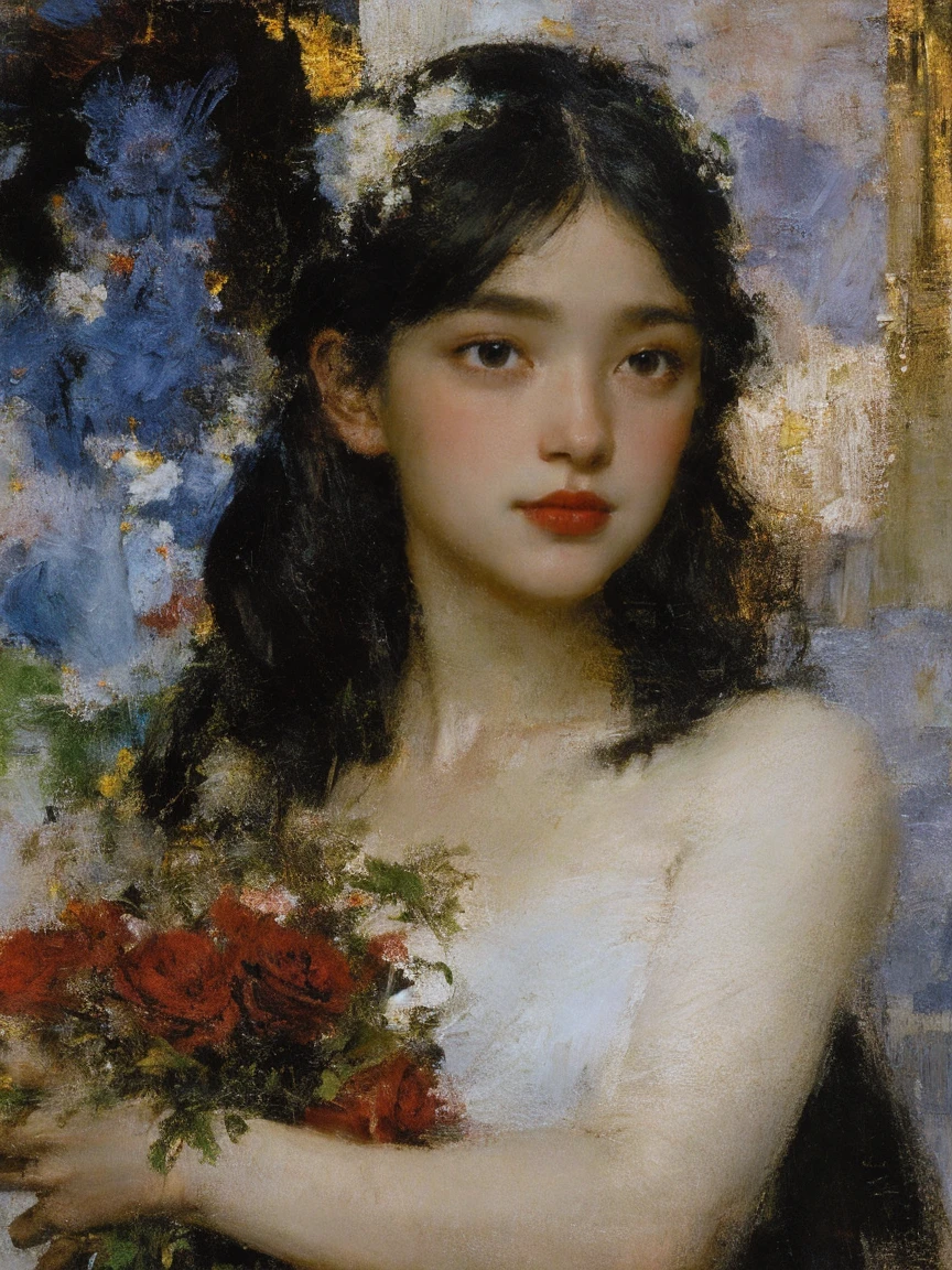 portrait,1fille,,seulement,Robe blanche,tenant un bouquet,cheveux très longs,fleur bleue,cheveux noirs,rose rouge,Fond dégradé, fond sombre, teinture,peinture à l&#39;huile,pâte, (nu)