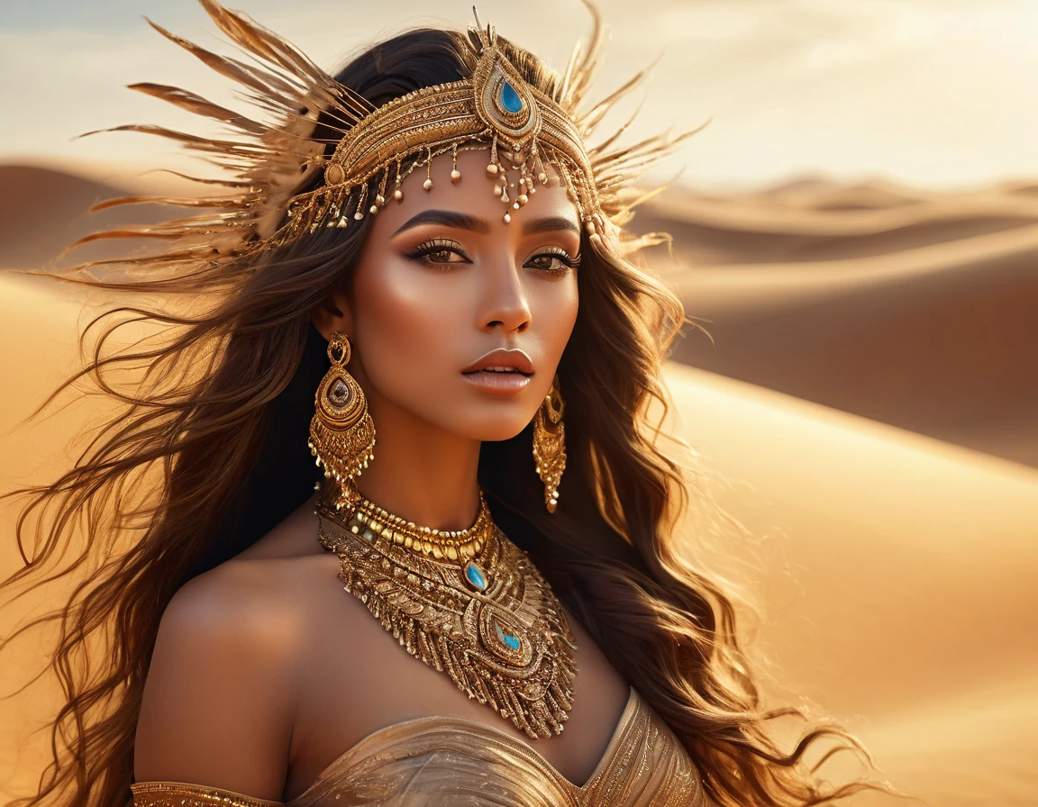 A desert princess, beautiful detailed eyes, beautiful detailed lips, extremely detailed face, long flowing hair, desert oasis, sandstorm, ornate jewelry, golden headdress, flowing silk dress, dramatic lighting, cinematic composition, warm color palette, volumetric lighting, photorealistic, 8k, highest quality, detailed digital painting