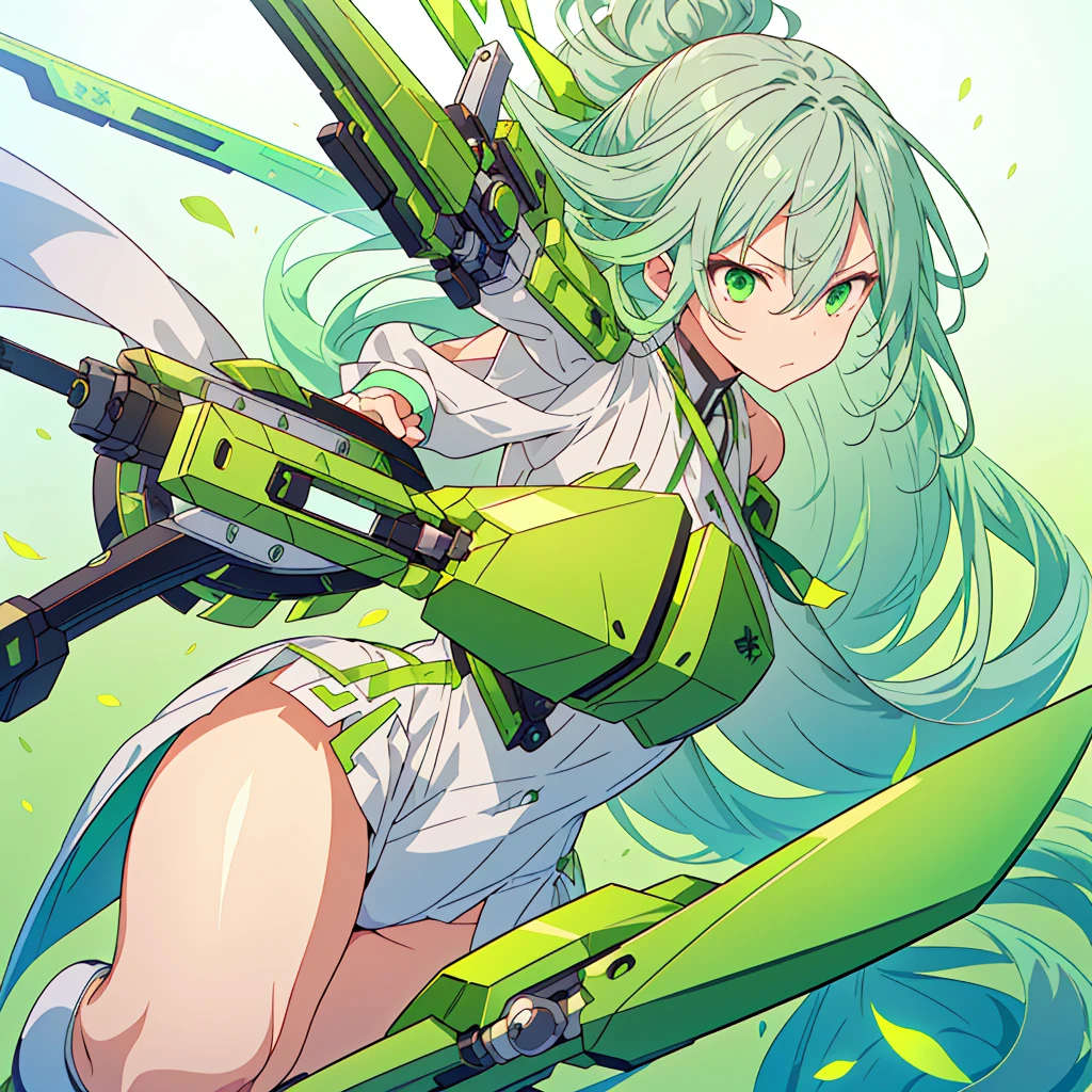 1girl、Dynamic composition、((Perspective Lens, Gray hair and light green gradient hair color, Long Hair、 A dynamic pose with a serious and determined expression, Holding a large crossbow and pulling it towards the viewer )) 、((Pure Green Background:1.2)),Looks like she&#39;s in her early 20s,Shooting in mid-motion,With her long braided hair fluttering. Her outfit is reminiscent of cyberpunk.,Black and lime green color palette,And she&#39;s casually throwing money around,Be playful、Super huge、whole body、detailed、bow