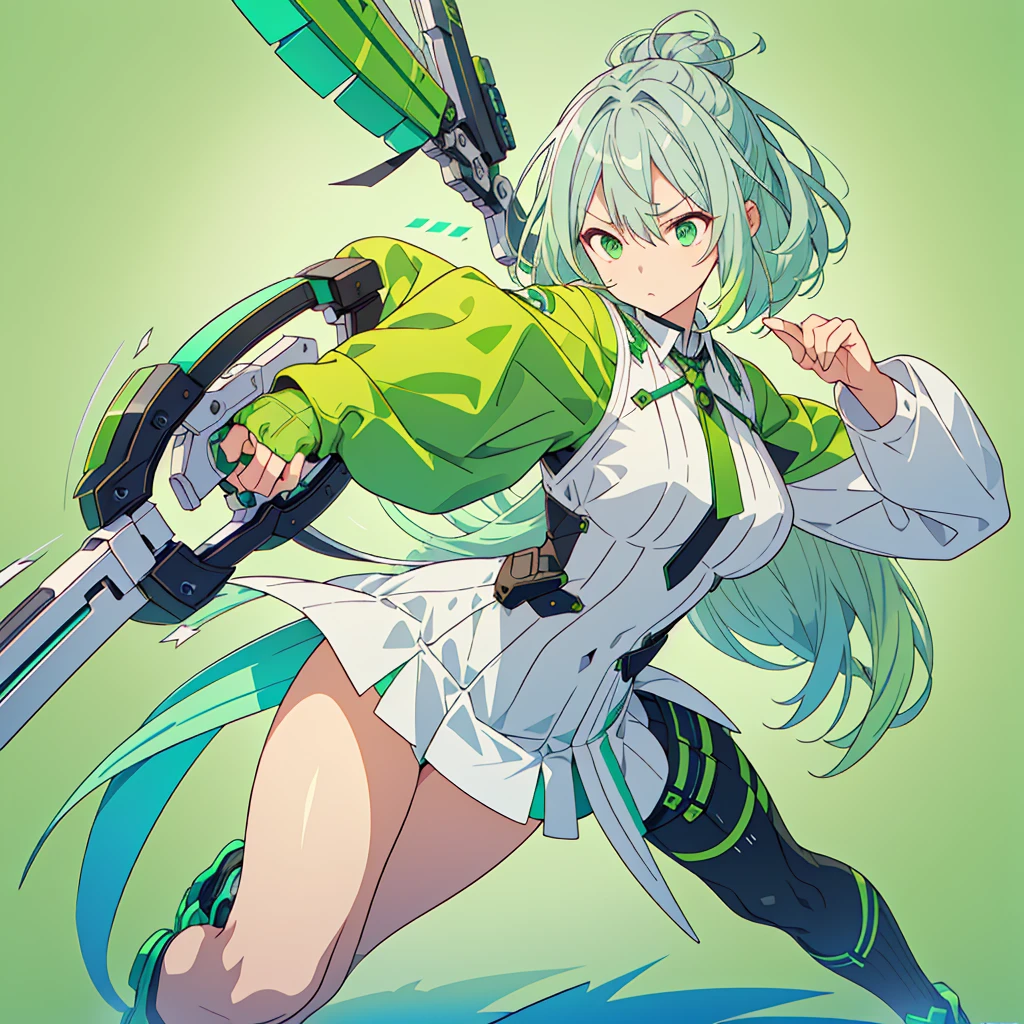 1girl、Dynamic composition、((Perspective Lens, Gray hair and light green gradient hair color, Long Hair、 A dynamic pose with a serious and determined expression, Holding a large crossbow and pulling it towards the viewer )) 、((Pure Green Background:1.2)),Looks like she&#39;s in her early 20s,Shooting in mid-motion,With her long braided hair fluttering. Her outfit is reminiscent of cyberpunk.,Black and lime green color palette,And she&#39;s casually throwing money around,Be playful、Super huge、whole body、detailed、bow