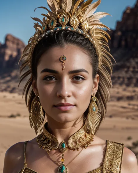 A beautiful desert princess, intricate ornate jewelry, flowing robes, piercing eyes, delicate features, golden skin, sweeping de...