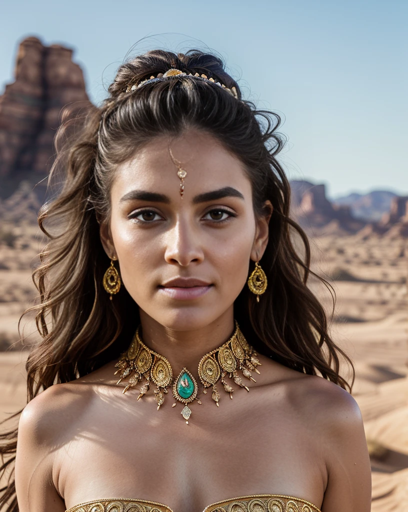 A beautiful desert princess, intricate ornate jewelry, flowing robes, piercing eyes, delicate features, golden skin, sweeping desert landscape, setting sun, warm lighting, highly detailed, photorealistic, 8k, cinematic composition, dramatic shadows, elaborate headdress, jewel-encrusted accessories, windswept hair, serene expression, stoic pose, vast sand dunes, rocky cliffs, vibrant colors, rich textures, ambient occlusion, volumetric lighting