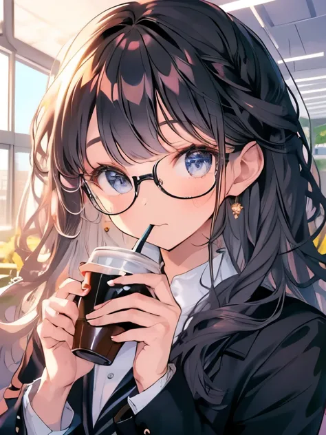 masterpiece、girl、Black Hair、Long Hair、Glasses、company employee、Wearing a suit、(((Drink coffee)))、A desk with lots of documents、o...