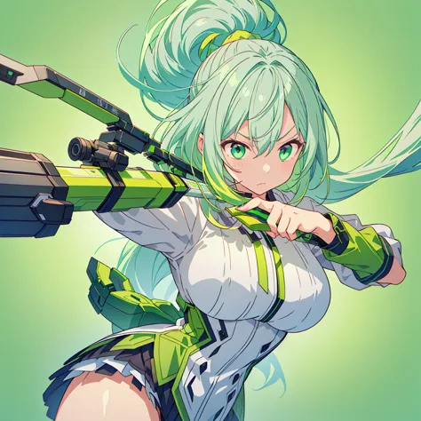 1girl、Dynamic composition、((Perspective Lens, Gray hair and light green gradient hair color, Long Hair、 A dynamic pose with a se...