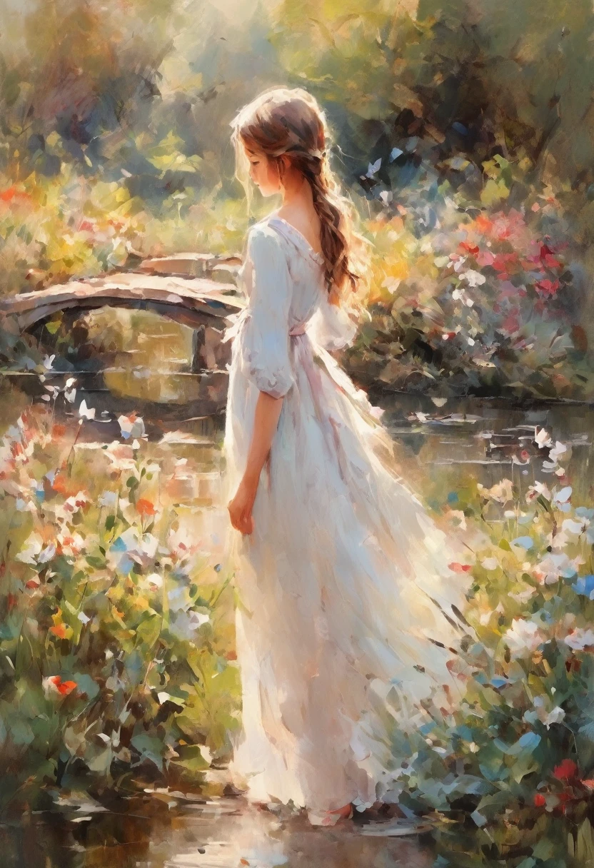 A girl in a garden, oil painting, vibrant colors, soft sunlight, blooming flowers, a hidden path leading to a small bridge over a pond, butterflies fluttering around the girl, an elegant dress flowing with the breeze, a gentle smile on her face.