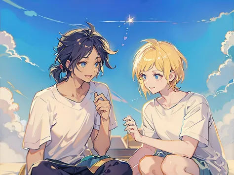 Two boys，Squatting，One has blond hair，A person with dark blue hair，White shirt，shorts，Holding a firework stick，daytime，sunlight，...