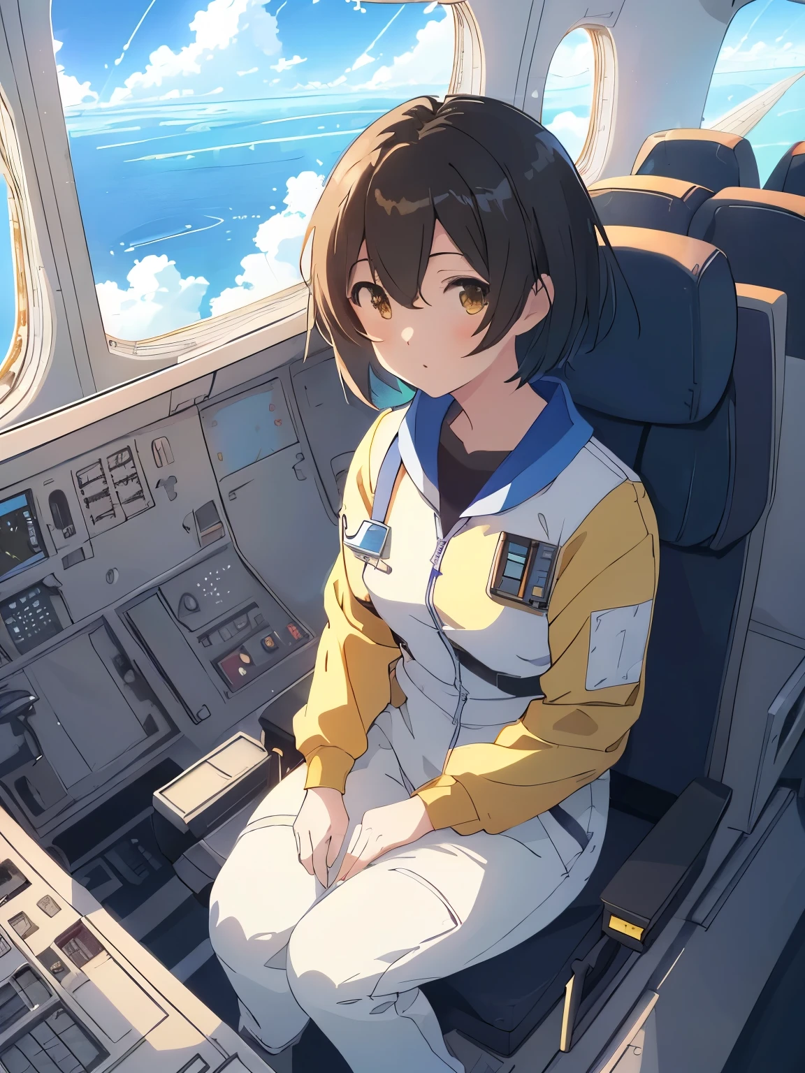 best quality, masterpiece, (独奏:1.2), (1 Female:1.2)、(Female Pilots)、Age 25、Larger breasts、Slender figure、(Sit in a seat inside the retro cockpit of an airplane:1.3)、(Operate the wall switch:1.3)、(Yellow flight suit:1.3)、(White highlight in pupil:1.2)、Reddish brown eyes、(Black-haired:1.2)、(Short Hair)、White skin、(blush)、(Serious expression)、(Large windows:1.3)、(Blue sky and sea of clouds outside the window)、(in flight)、Makoto Shinkai style sky and clouds