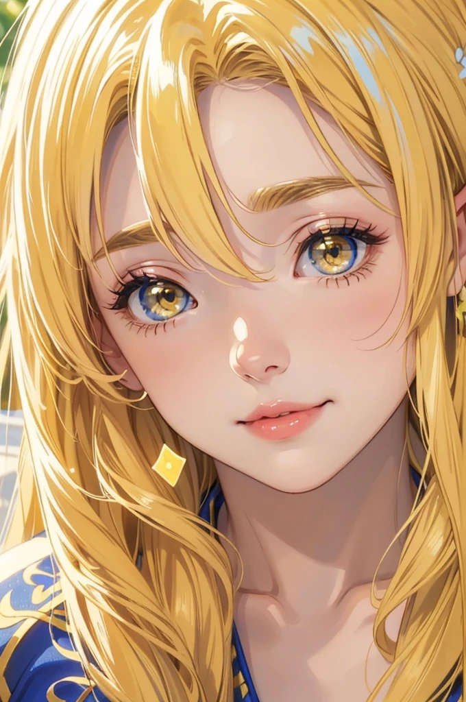 Masterpiece, Ultra High quality, 4k resolution, closeup portrait. Gorgeous perfect face, elf, blonde hair, (bright yellow parkling eyes:1.4), sweet and kind face, plump luscious lips, cute nose, slight smile, magical appearance:1.2 