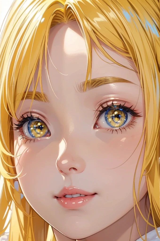 Masterpiece, Ultra High quality, 4k resolution, closeup portrait. Gorgeous perfect face, elf, blonde hair, (bright yellow parkling eyes:1.4), sweet and kind face, plump luscious lips, cute nose, slight smile, magical appearance:1.2 