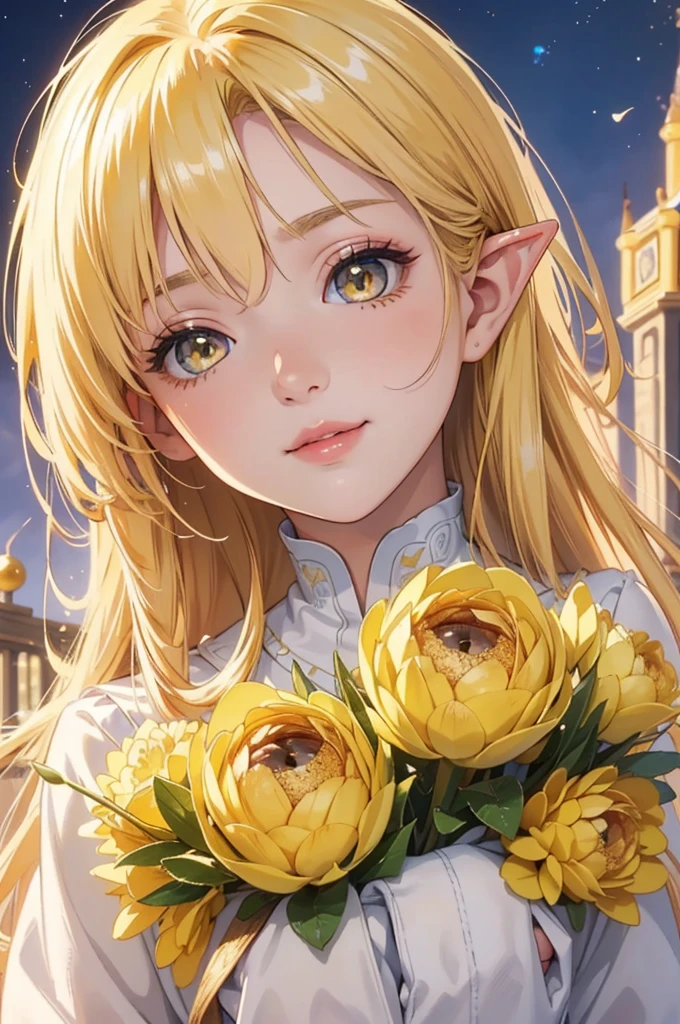 Masterpiece, Ultra High quality, 4k resolution, closeup portrait. Gorgeous perfect face, elf, blonde hair, (bright yellow parkling eyes:1.4), sweet and kind face, plump luscious lips, cute nose, slight smile, magical appearance:1.2 