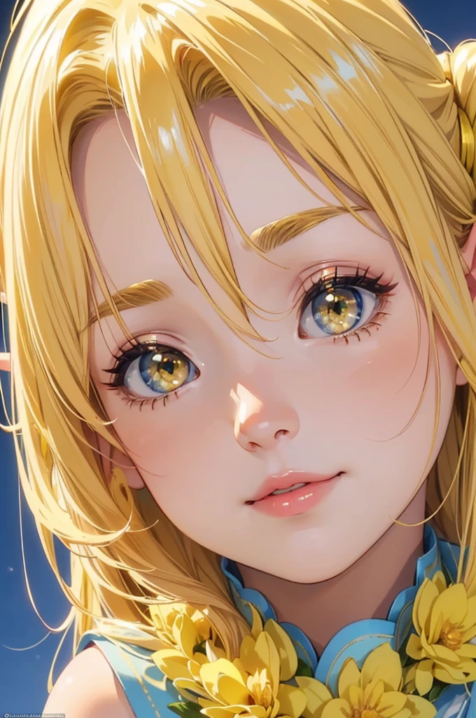 Masterpiece, Ultra High quality, 4k resolution, closeup portrait. Gorgeous perfect face, elf, blonde hair, (bright yellow parkling eyes:1.4), sweet and kind face, plump luscious lips, cute nose, slight smile, magical appearance:1.2 