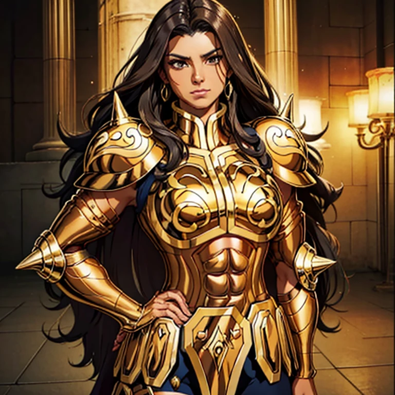 Beautiful woman brunette tan skin messy black hair short brown eye muscular body golden taurus armor white coat 