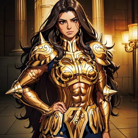 beautiful woman brunette tan skin messy black hair short brown eye muscular body golden taurus armor white coat