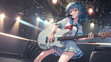 ＜high precision＞girl,guitar vocals,black mini skirt,short cut and ponytail,music stage,sing passionately,heat,kiso(fleet collect...