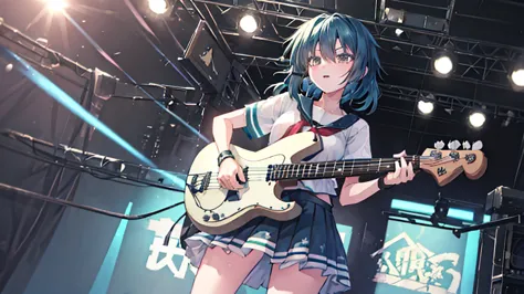 ＜high precision＞girl,guitar vocals,black mini skirt,short cut and ponytail,music stage,sing passionately,heat,kiso(fleet collect...