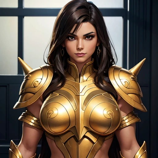 Beautiful brunette woman tan skin messy black hair short brown eye muscular body breasts perfect golden taurus armor white coat 