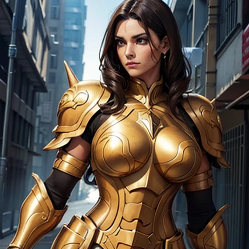 Beautiful brunette woman tan skin messy black hair short brown eye muscular body breasts perfect golden taurus armor white coat 