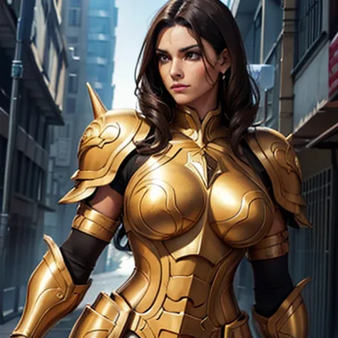 beautiful brunette woman tan skin messy black hair short brown eye muscular body breasts perfect golden taurus armor white coat