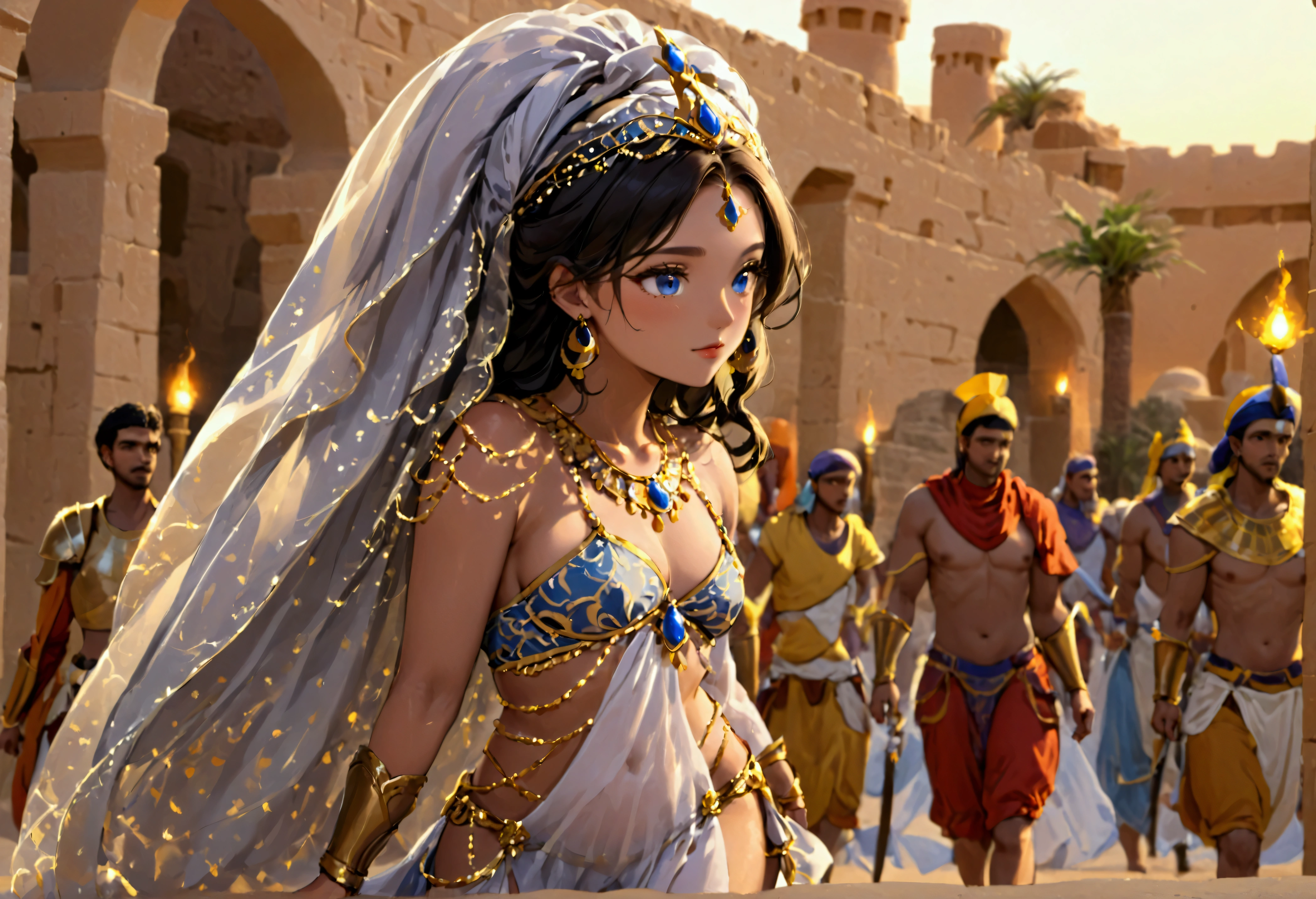 a beautiful young arabian woman, 25 years old, walking through the desert at night, wearing many fine layers of airy sheer fabric, dressed as an arabian princess, flanked by bodyguards, detailed face, beautiful eyes, detailed lips, long eyelashes, elegant pose, intricate fabric textures, moonlit desert landscape, glowing warm lighting, cinematic composition, ultra-detailed, 8k, photorealistic, masterpiece
