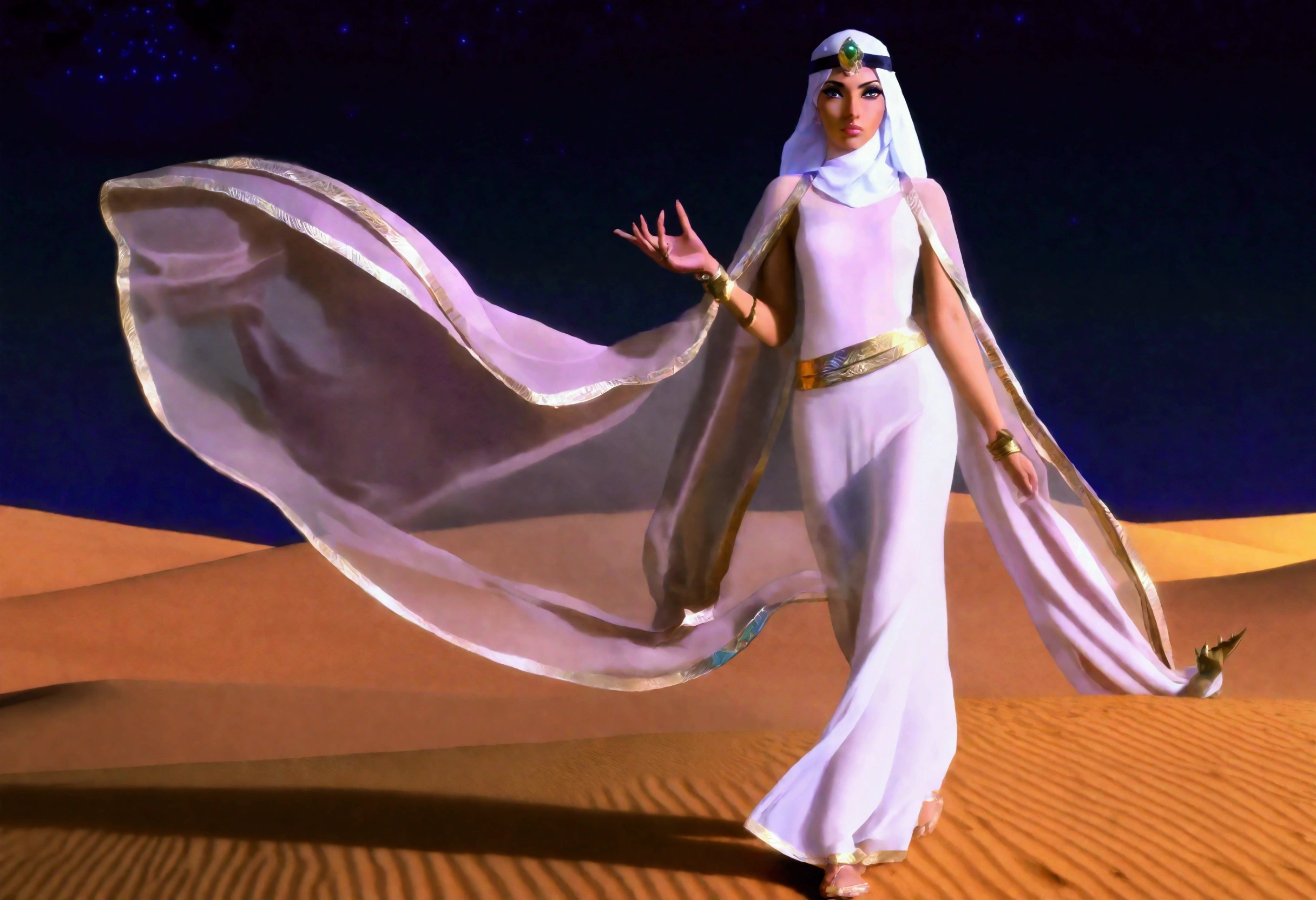 a beautiful young arabian woman, 25 years old, walking through the desert at night, wearing many fine layers of airy sheer fabric, dressed as an arabian princess, flanked by bodyguards, detailed face, beautiful eyes, detailed lips, long eyelashes, elegant pose, intricate fabric textures, moonlit desert landscape, glowing warm lighting, cinematic composition, ultra-detailed, 8k, photorealistic, masterpiece
