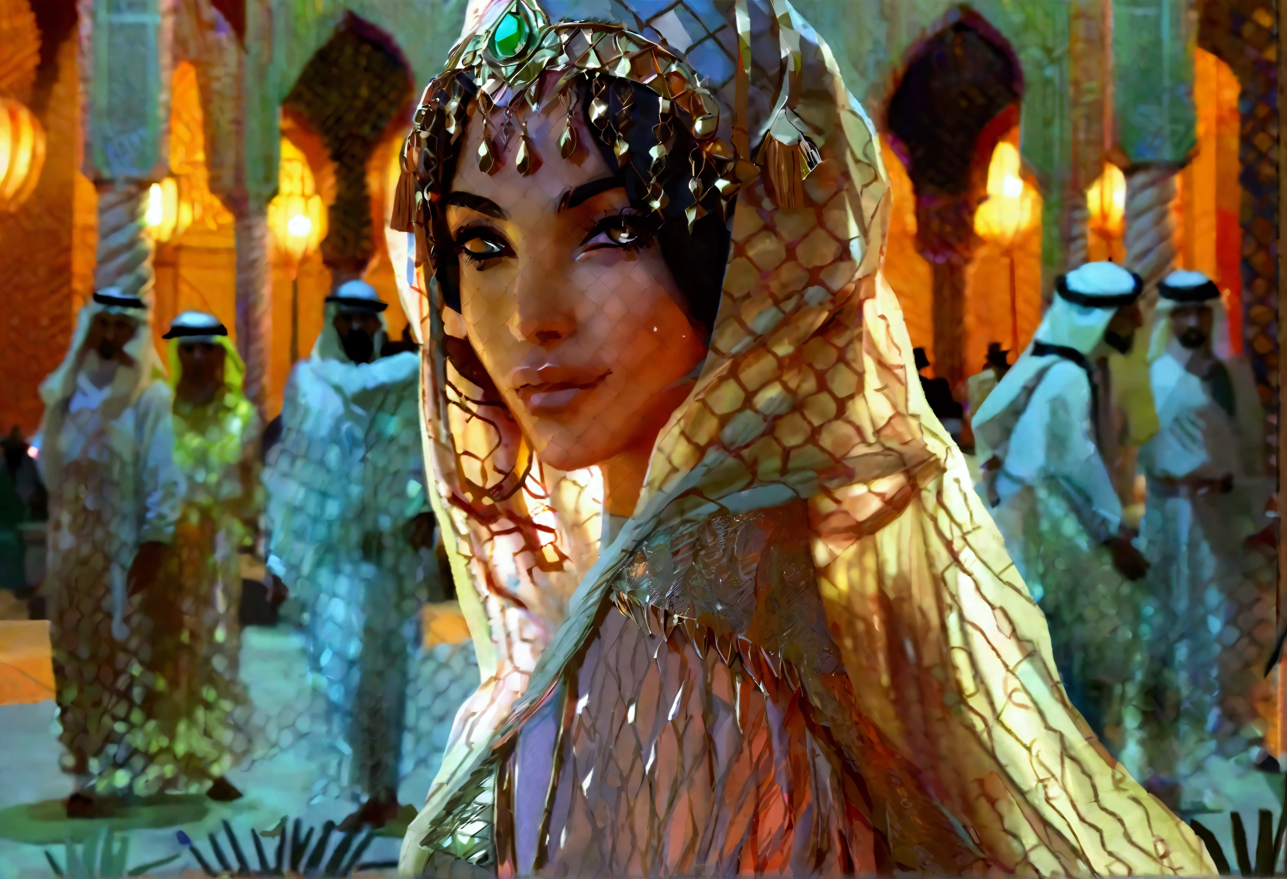 a beautiful young arabian woman, 25 years old, walking through the desert at night, wearing many fine layers of airy sheer fabric, dressed as an arabian princess, flanked by bodyguards, detailed face, beautiful eyes, detailed lips, long eyelashes, elegant pose, intricate fabric textures, moonlit desert landscape, glowing warm lighting, cinematic composition, ultra-detailed, 8k, photorealistic, masterpiece
