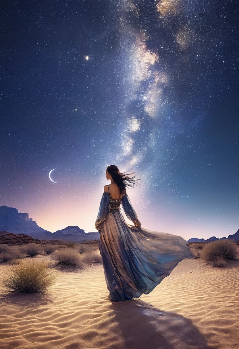 Detailed night sky reflected in vast desert landscape、A complex starry sky with a crescent moon、Desert Princess Standing in the Desert、Cinematic and dramatic lighting、Shining horizon、Award-winning、4K、Super fine、(Realism:1.37)、(Highest quality:1.2)、Cinematic composition、Stunning colors、Dramatic atmosphere、Breathtakingly beautiful、Calm、mysterious、Epic Scale