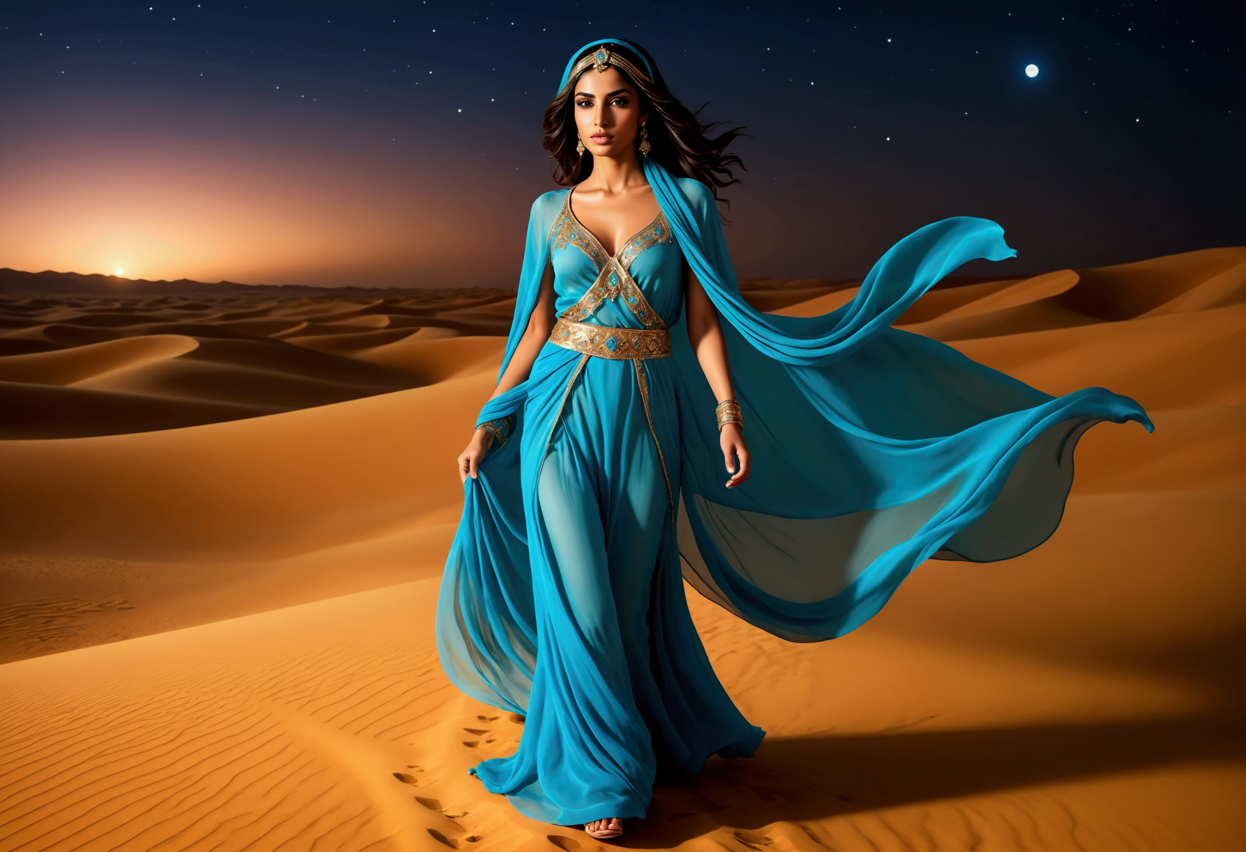 a beautiful young arabian woman, 25 years old, walking through the desert at night, wearing many fine layers of airy sheer fabric, dressed as an arabian princess, flanked by bodyguards, detailed face, beautiful eyes, detailed lips, long eyelashes, elegant pose, intricate fabric textures, moonlit desert landscape, glowing warm lighting, cinematic composition, ultra-detailed, 8k, photorealistic, masterpiece
